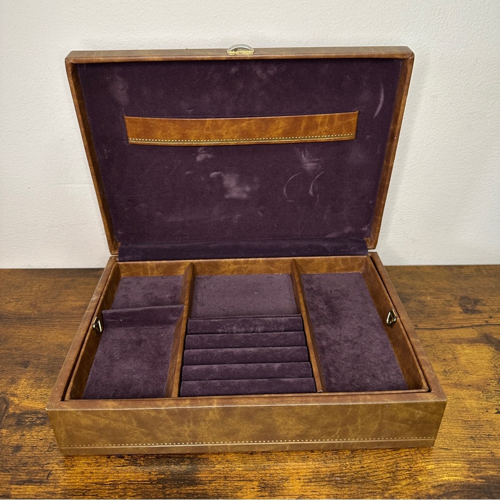 Retro Jewelry Organizer Brown Faux Leather/Vinyl w/ Deep Purple Velvet Interior